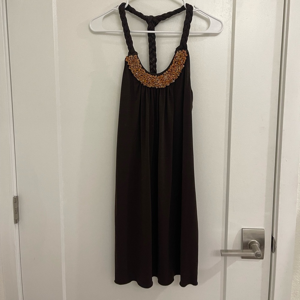 Vintage Y2K Boho Brown Beaded Halter Mini Braided Indie Dress‎
